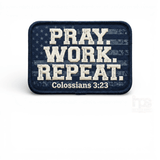 Close-up of the Pray Work Repeat religious hat patch