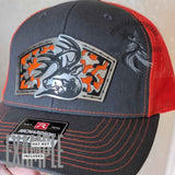 Rack Attack hunter stainless acrylic hat patch shown at an angle