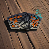 Stainless acrylic hat patch with a Rack Attack big rack buck design