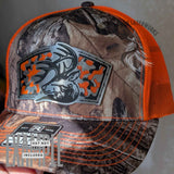 Close-up of the layered edges on the Rack Attack stainless acrylic hat patch