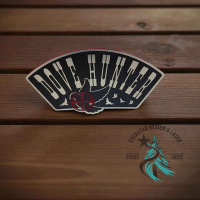 Stainless acrylic hat patch with a Redline Dove Hunter flying dove design