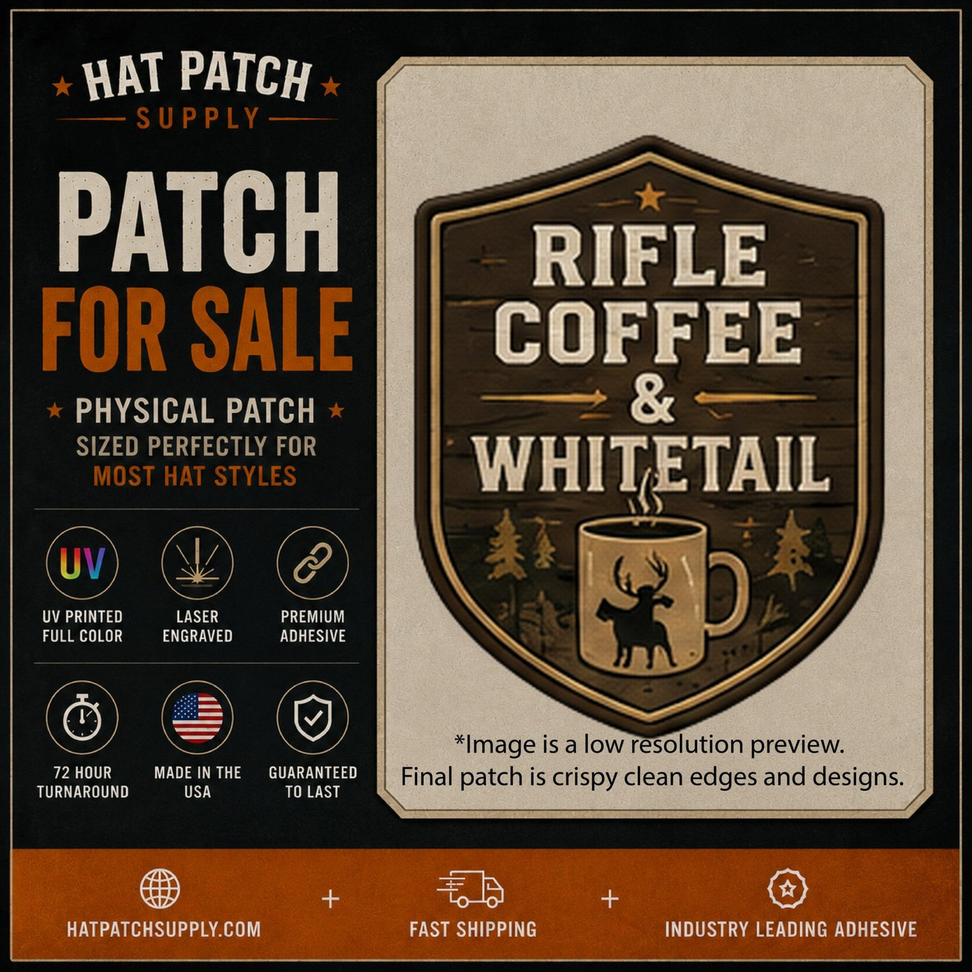 Rifle Coffee &amp; Whitetail Hunting Hat Patch - Hat Patch Supply
