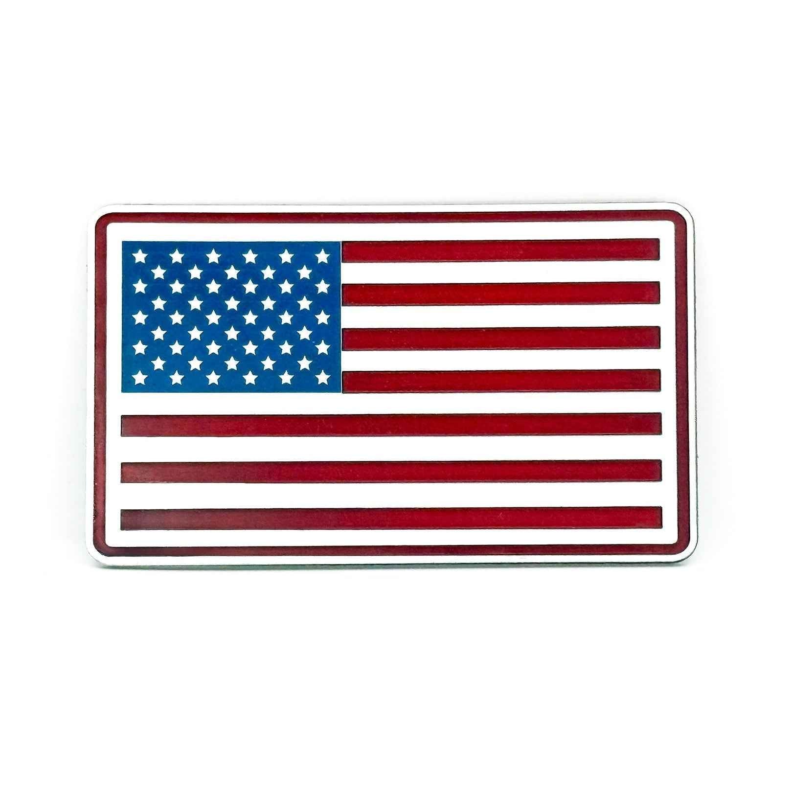 Red, white and blue acrylic American flag hat patch with engraved stars and stripes