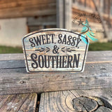 Driftwood-tone leather hat patch reading Sweet, Sassy and Southern