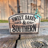 Farmhouse style leather hat patch reading Sweet, Sassy and Southern