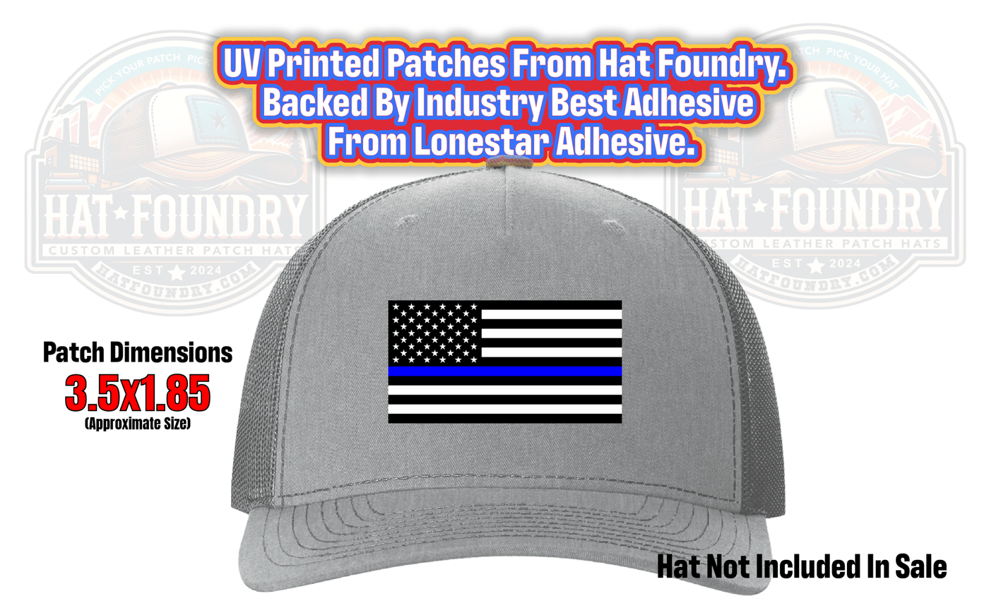 Thin blue line American flag hat patch honoring law enforcement