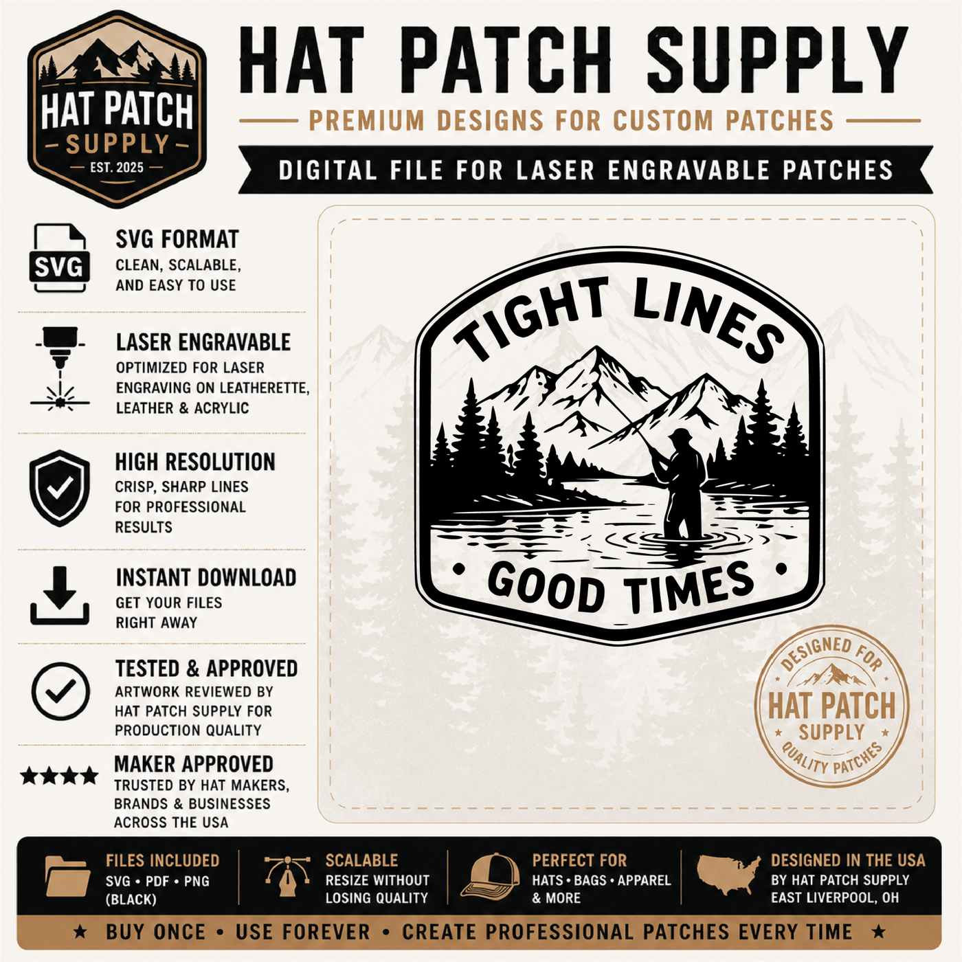 Tight Lines Good Times SVG | Fly Fishing Hat Patch Design | Laser Engravable Digital Download - Hat Patch Supply