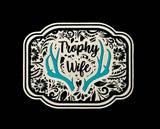 Close-up of the engraved Trophy Wife lettering on the acrylic patch