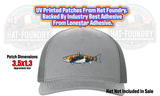 UV printed hat patch with a trout in a scenic river landscape