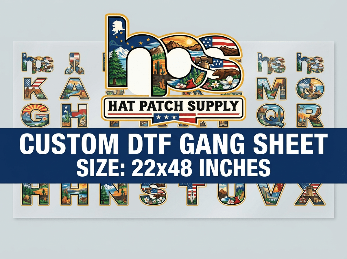 Upload Custom DTF Gang Sheet – 22" Wide - Hat Patch Supply