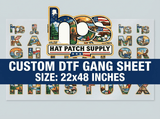 DTF gang sheet showing multiple transfer designs arranged on one sheet