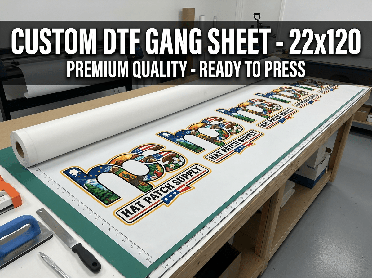 Upload Custom DTF Gang Sheet – 22" Wide - Hat Patch Supply