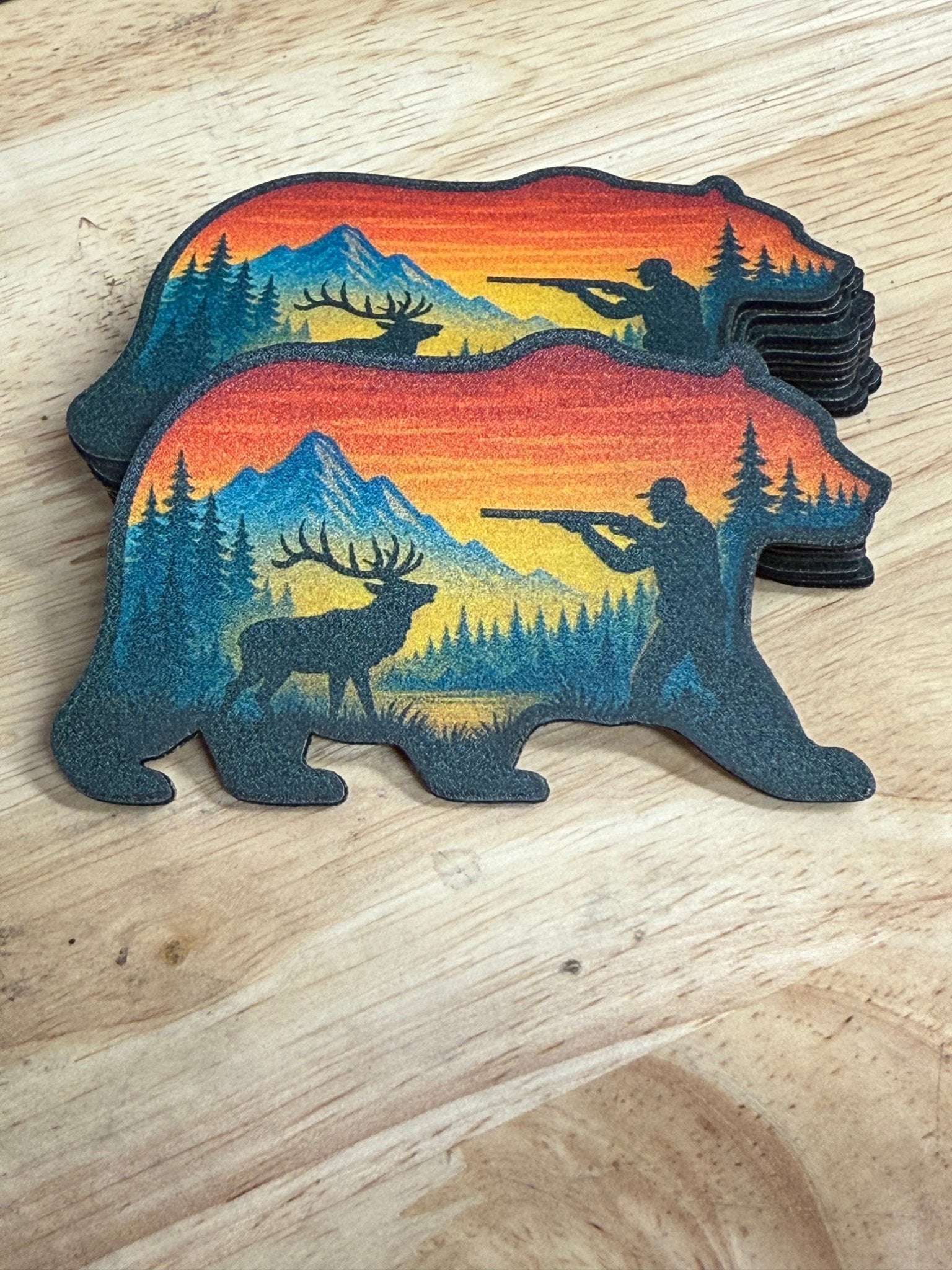 UV - Printed Elk Hunting Scene Patch – Bear Silhouette on Lonestar Leatherette with Durra - Bull Adhesive - Hat Foundry Mercantile