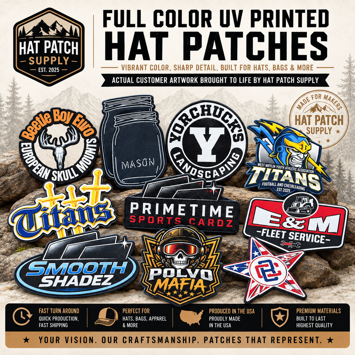 Custom UV Hat Patches | Full Color UV Printed Hat Patches