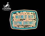 Two color options of the Walking By Faith Tripping Constantly acrylic hat patch