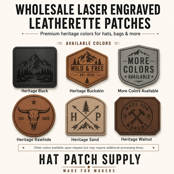 Wholesale laser engraved leatherette hat patches in assorted designs