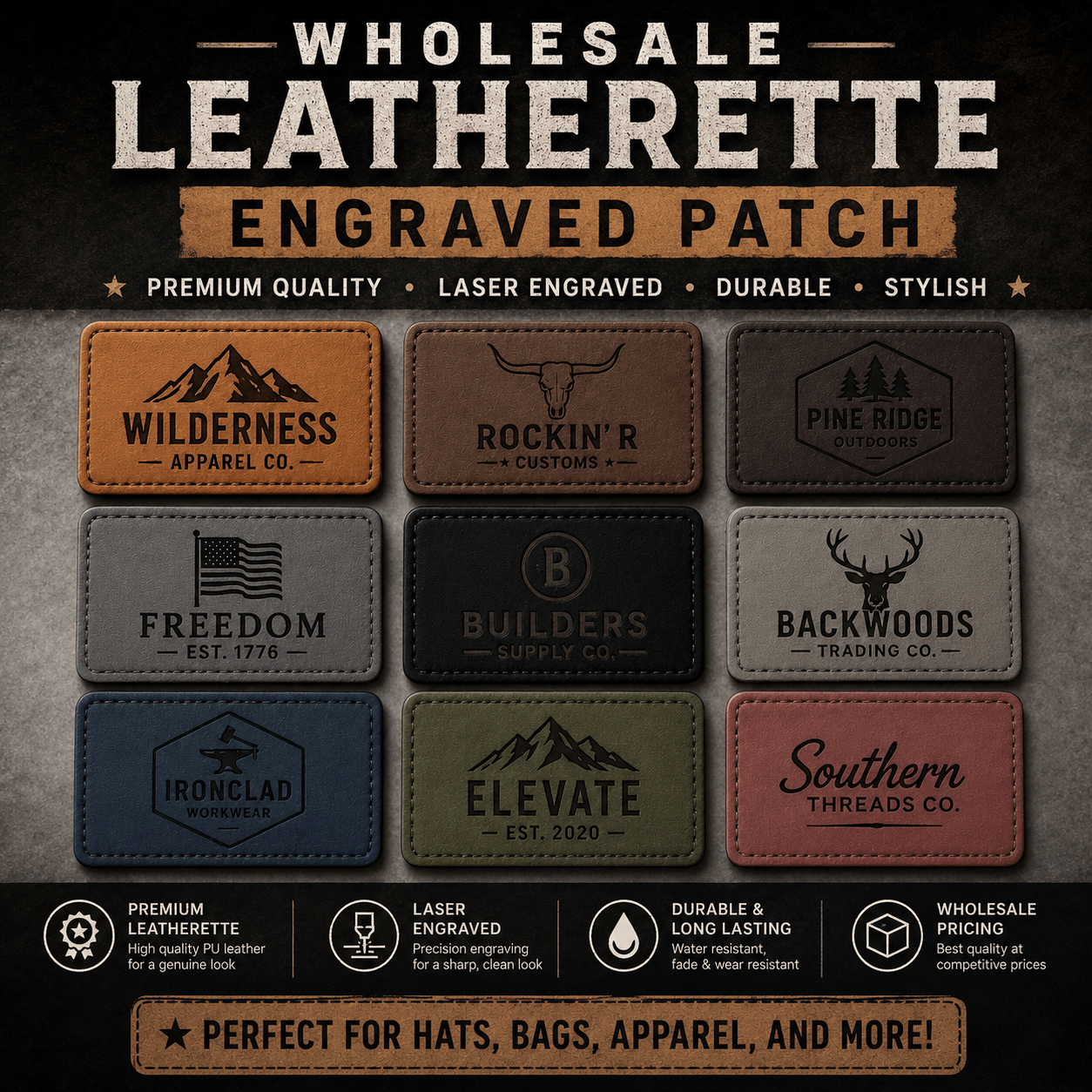 Wholesale Laser Engraved Leatherette Patch - Hat Patch Supply