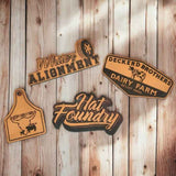 Close-up of a laser engraved top grain leather hat patch