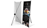 X-banner stand with a printed banner for hat bar and event displays