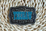 Close-up of the engraved YeeHaw scroll detail on the acrylic patch