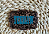 Alternate view of the YeeHaw scroll design acrylic hat patch